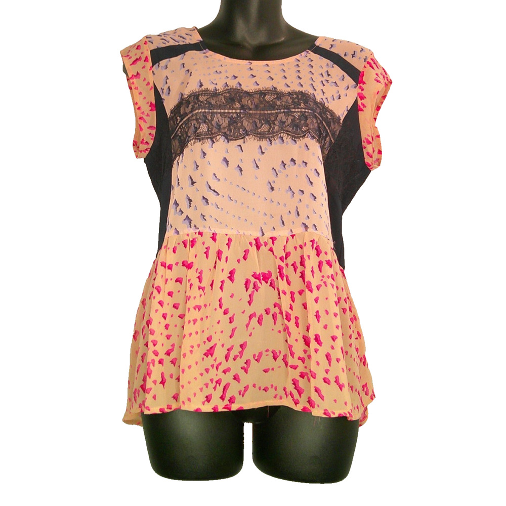 Maeve Anthropologie Women's XS Blouse Blush Pink Sheer, Lace Navy Round Neck